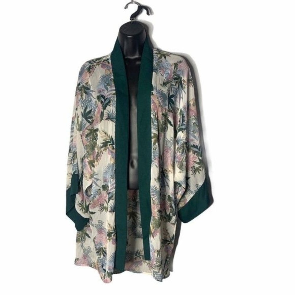 Xhilaration Floral Print Green Trim Kimono Womens Size XS